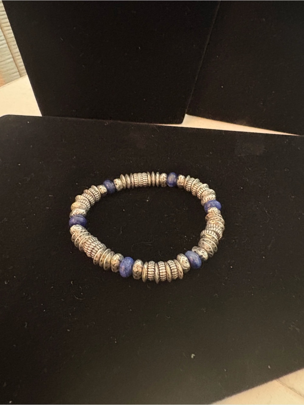 Silver and Blue Beaded Stretch Bracelet